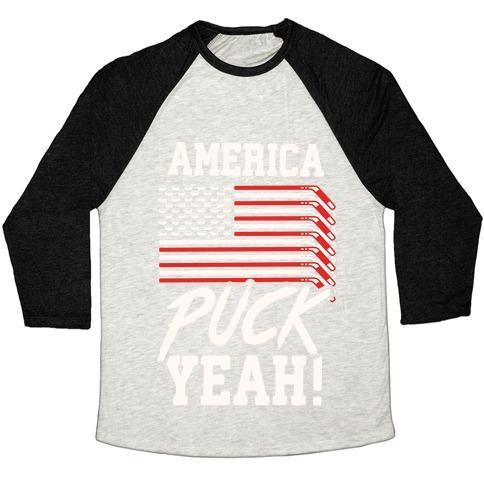 Virgin Teez  Baseball Tee Unisex Tri-Blend Baseball Tee / small / Oatmeal / Black AMERICA PUCK YEAH HOCKEY FLAG UNISEX TRI-BLEND BASEBALL TEE