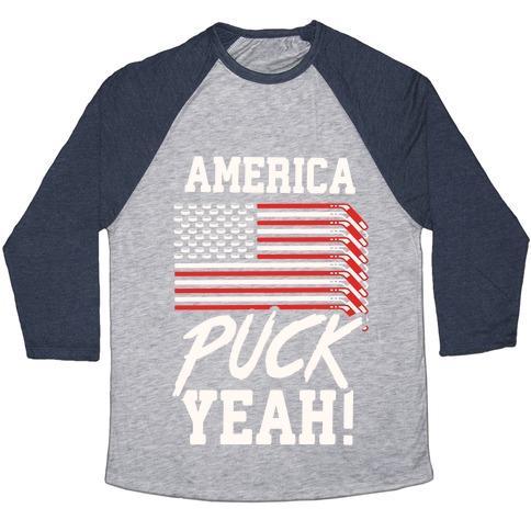 Virgin Teez  Baseball Tee Unisex Tri-Blend Baseball Tee / small / Athletic Gray / Navy AMERICA PUCK YEAH HOCKEY FLAG UNISEX TRI-BLEND BASEBALL TEE