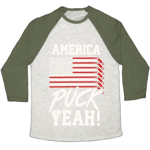 Virgin Teez  Baseball Tee Unisex Tri-Blend Baseball Tee / small / Oatmeal / Moss AMERICA PUCK YEAH HOCKEY FLAG UNISEX TRI-BLEND BASEBALL TEE