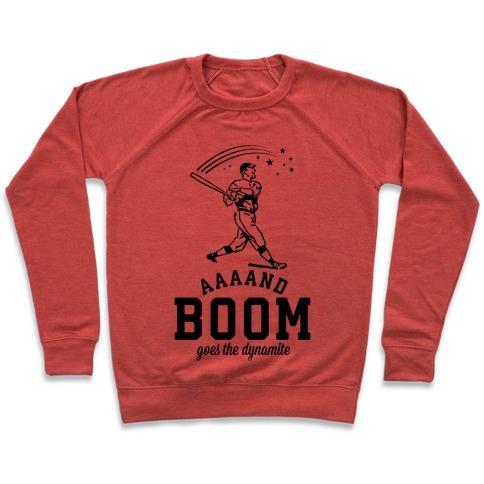 Virgin Teez  Pullover Crewneck Sweatshirt / x-small / Heathered Red AND BOOM GOES THE DYNAMITE BASEBALL CREWNECK SWEATSHIRT