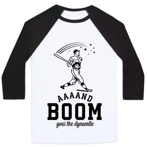 Virgin Teez  Baseball Tee Unisex Classic Baseball Tee / x-small / White/Black AND BOOM GOES THE DYNAMITE BASEBALL UNISEX CLASSIC BASEBALL TEE