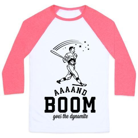 Virgin Teez  Baseball Tee Unisex Classic Baseball Tee / x-small / White/Neon Pink AND BOOM GOES THE DYNAMITE BASEBALL UNISEX CLASSIC BASEBALL TEE