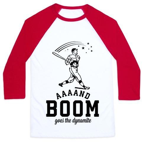 Virgin Teez  Baseball Tee Unisex Classic Baseball Tee / x-small / White/Red AND BOOM GOES THE DYNAMITE BASEBALL UNISEX CLASSIC BASEBALL TEE