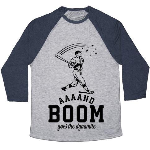 Virgin Teez  Baseball Tee Unisex Tri-Blend Baseball Tee / small / Athletic Gray / Navy AND BOOM GOES THE DYNAMITE BASEBALL UNISEX TRI-BLEND BASEBALL TEE