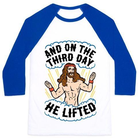 Virgin Teez  Baseball Tee Unisex Classic Baseball Tee / x-small / White/Blue AND ON THE THIRD DAY HE LIFTED UNISEX CLASSIC BASEBALL TEE