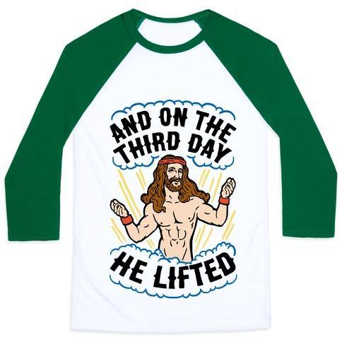 Virgin Teez  Baseball Tee Unisex Classic Baseball Tee / x-small / White/Dark Green AND ON THE THIRD DAY HE LIFTED UNISEX CLASSIC BASEBALL TEE