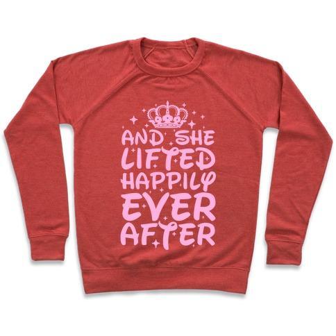 Virgin Teez  Pullover Crewneck Sweatshirt / x-small / Heathered Red AND SHE LIFTED HAPPILY EVER AFTER CREWNECK SWEATSHIRT