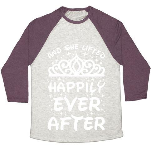 Virgin Teez  Baseball Tee Unisex Tri-Blend Baseball Tee / small / Oatmeal / Maroon AND SHE LIFTED HAPPILY EVER AFTER UNISEX TRI-BLEND BASEBALL TEE