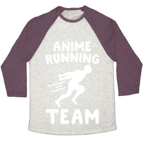 Virgin Teez  Baseball Tee Unisex Tri-Blend Baseball Tee / small / Oatmeal / Maroon ANIME RUNNING TEAM WHITE PRINT UNISEX TRI-BLEND BASEBALL TEE