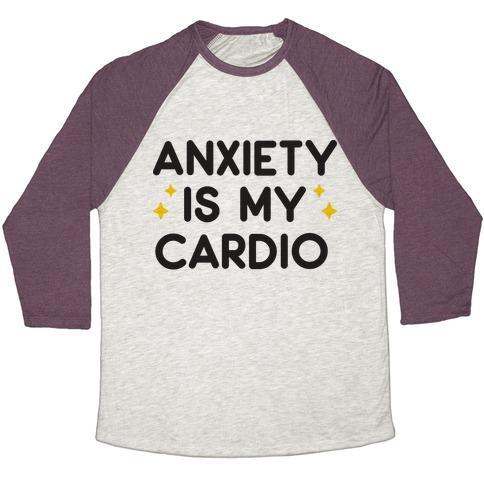 Virgin Teez  Baseball Tee Unisex Tri-Blend Baseball Tee / small / Oatmeal / Maroon ANXIETY IS MY CARDIO UNISEX TRI-BLEND BASEBALL TEE