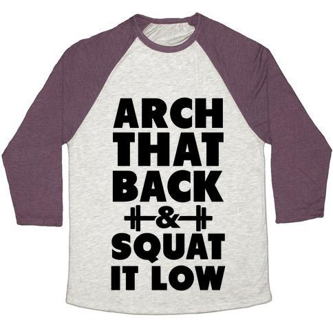 Virgin Teez  Baseball Tee Unisex Tri-Blend Baseball Tee / small / Oatmeal / Maroon ARCH YOUR BACK & SQUAT IT LOW UNISEX TRI-BLEND BASEBALL TEE