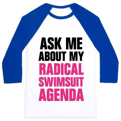 Virgin Teez  Baseball Tee Unisex Classic Baseball Tee / x-small / White/Blue ASK ME ABOUT MY RADICAL SWIMSUIT AGENDA UNISEX CLASSIC BASEBALL TEE