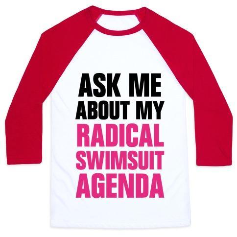 Virgin Teez  Baseball Tee Unisex Classic Baseball Tee / x-small / White/Red ASK ME ABOUT MY RADICAL SWIMSUIT AGENDA UNISEX CLASSIC BASEBALL TEE