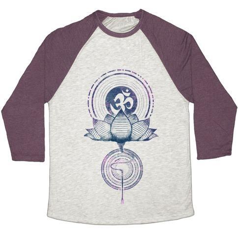 Virgin Teez  Baseball Tee Unisex Tri-Blend Baseball Tee / small / Oatmeal / Maroon AUM AND LOTUS UNISEX TRI-BLEND BASEBALL TEE