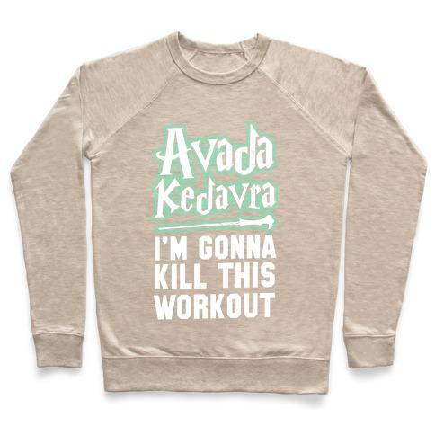 Virgin Teez  Pullover Crewneck Sweatshirt / x-small / Heathered Oatmeal AVADA KEDAVRA FITNESS (GLOW) CREWNECK SWEATSHIRT