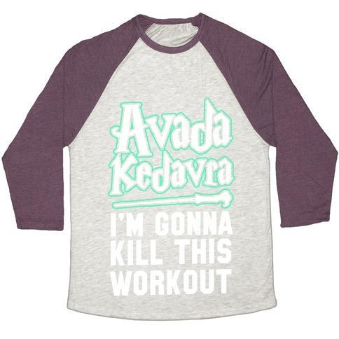 Virgin Teez  Baseball Tee Unisex Tri-Blend Baseball Tee / small / Oatmeal / Maroon AVADA KEDAVRA FITNESS (GLOW) UNISEX TRI-BLEND BASEBALL TEE