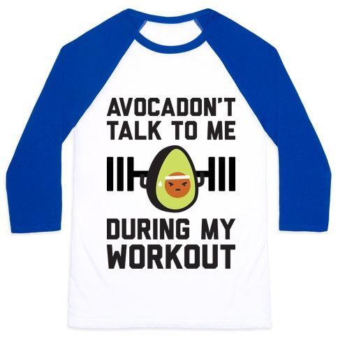 Virgin Teez  Baseball Tee Unisex Classic Baseball Tee / x-small / White/Blue AVOCADON'T TALK TO ME DURING MY WORKOUT UNISEX CLASSIC BASEBALL TEE