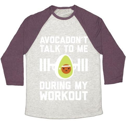 Virgin Teez  Baseball Tee Unisex Tri-Blend Baseball Tee / small / Oatmeal / Maroon AVOCADON'T TALK TO ME DURING MY WORKOUT UNISEX TRI-BLEND BASEBALL TEE
