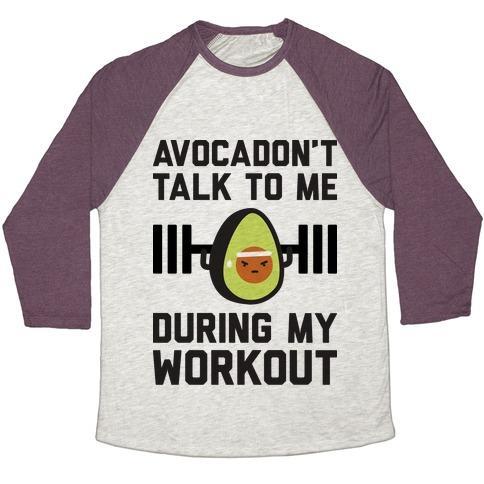 Virgin Teez  Baseball Tee Unisex Tri-Blend Baseball Tee / small / Oatmeal / Maroon AVOCADON'T TALK TO ME DURING MY WORKOUT UNISEX TRI-BLEND BASEBALL TEE
