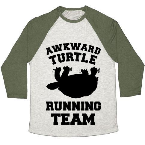 Virgin Teez  Baseball Tee Unisex Tri-Blend Baseball Tee / small / Oatmeal / Moss AWKWARD TURTLE RUNNING TEAM UNISEX TRI-BLEND BASEBALL TEE