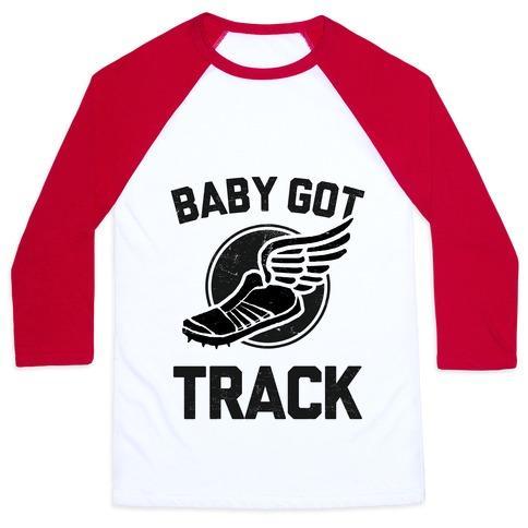 Virgin Teez  Baseball Tee Unisex Classic Baseball Tee / x-small / White/Red BABY GOT TRACK (DARK TANK) UNISEX CLASSIC BASEBALL TEE