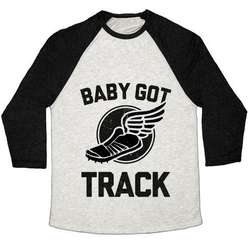 Virgin Teez  Baseball Tee Unisex Tri-Blend Baseball Tee / small / Oatmeal / Black BABY GOT TRACK (DARK TANK) UNISEX TRI-BLEND BASEBALL TEE