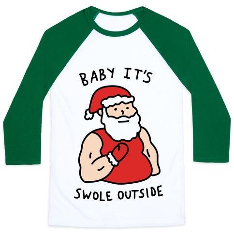 Virgin Teez  Baseball Tee Unisex Classic Baseball Tee / x-small / White/Dark Green BABY IT'S SWOLE OUTSIDE SANTA UNISEX CLASSIC BASEBALL TEE