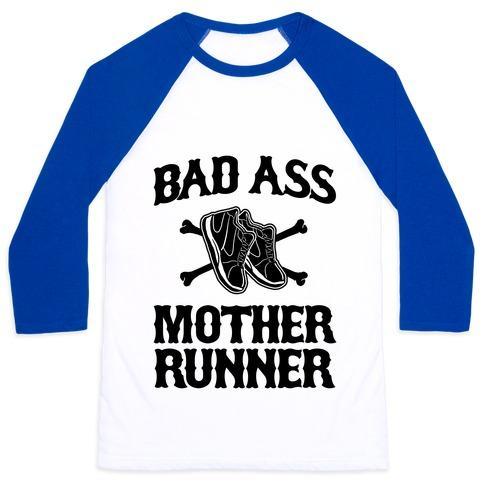 Virgin Teez  Baseball Tee Unisex Classic Baseball Tee / x-small / White/Blue BAD ASS MOTHER RUNNER UNISEX CLASSIC BASEBALL TEE