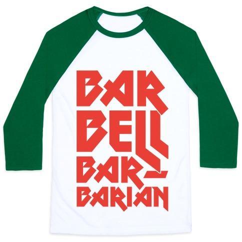 Virgin Teez  Baseball Tee Unisex Classic Baseball Tee / x-small / White/Dark Green BARBELL BARBARIAN UNISEX CLASSIC BASEBALL TEE