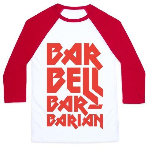 Virgin Teez  Baseball Tee Unisex Classic Baseball Tee / x-small / White/Red BARBELL BARBARIAN UNISEX CLASSIC BASEBALL TEE