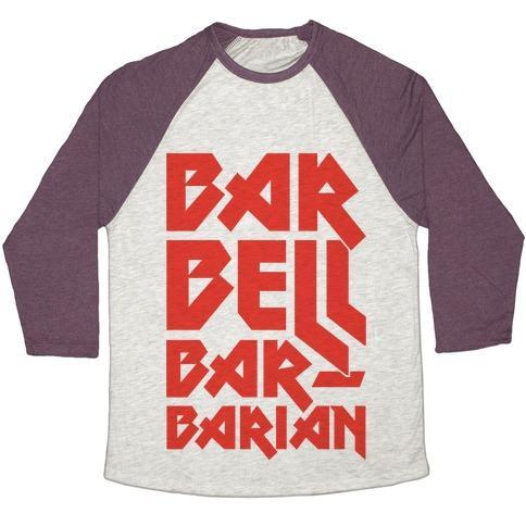 Virgin Teez  Baseball Tee Unisex Tri-Blend Baseball Tee / small / Oatmeal / Maroon BARBELL BARBARIAN UNISEX TRI-BLEND BASEBALL TEE