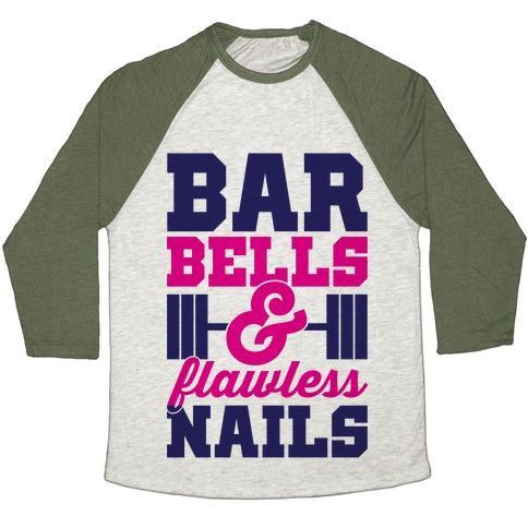 Virgin Teez  Baseball Tee Unisex Tri-Blend Baseball Tee / small / Oatmeal / Moss BARBELLS AND FLAWLESS NAILS UNISEX TRI-BLEND BASEBALL TEE