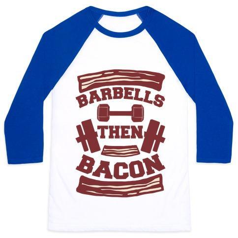Virgin Teez  Baseball Tee Unisex Classic Baseball Tee / x-small / White/Blue BARBELLS THEN BACON UNISEX CLASSIC BASEBALL TEE
