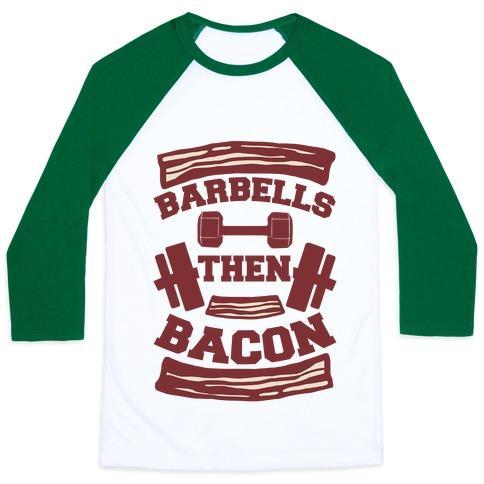 Virgin Teez  Baseball Tee Unisex Classic Baseball Tee / x-small / White/Dark Green BARBELLS THEN BACON UNISEX CLASSIC BASEBALL TEE