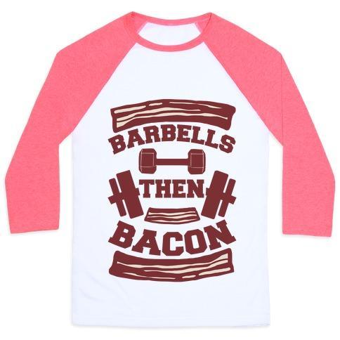 Virgin Teez  Baseball Tee Unisex Classic Baseball Tee / x-small / White/Neon Pink BARBELLS THEN BACON UNISEX CLASSIC BASEBALL TEE
