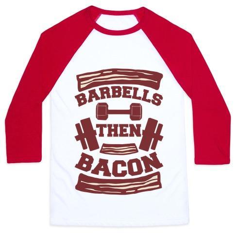 Virgin Teez  Baseball Tee Unisex Classic Baseball Tee / x-small / White/Red BARBELLS THEN BACON UNISEX CLASSIC BASEBALL TEE