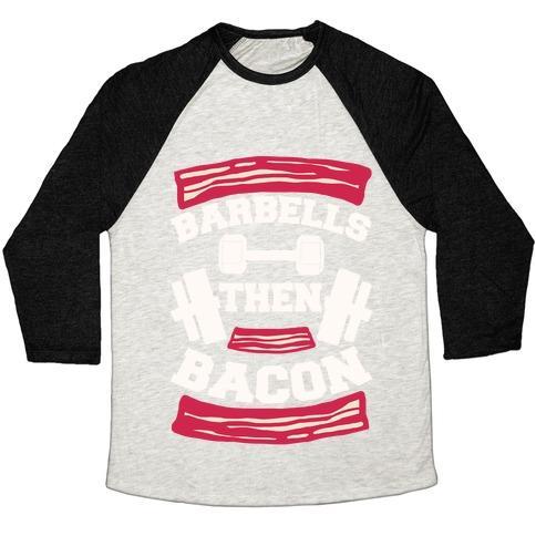 Virgin Teez  Baseball Tee Unisex Tri-Blend Baseball Tee / small / Oatmeal / Black BARBELLS THEN BACON UNISEX TRI-BLEND BASEBALL TEE