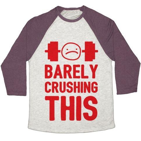Virgin Teez  Baseball Tee Unisex Tri-Blend Baseball Tee / small / Oatmeal / Maroon BARELY CRUSHING THIS UNISEX TRI-BLEND BASEBALL TEE