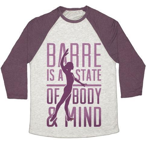Virgin Teez  Baseball Tee Unisex Tri-Blend Baseball Tee / small / Oatmeal / Maroon BARRE IS A STATE OF MIND AND BODY UNISEX TRI-BLEND BASEBALL TEE