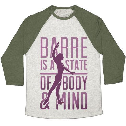 Virgin Teez  Baseball Tee Unisex Tri-Blend Baseball Tee / small / Oatmeal / Moss BARRE IS A STATE OF MIND AND BODY UNISEX TRI-BLEND BASEBALL TEE