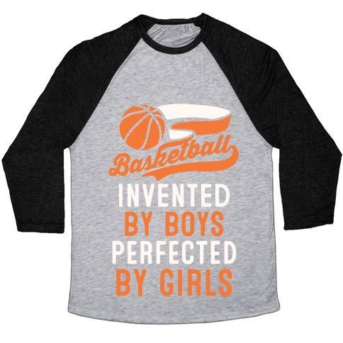 Virgin Teez  Baseball Tee Unisex Tri-Blend Baseball Tee / small / Athletic Gray / Black BASKETBALL: INVENTED BY BOYS PERFECTED BY GIRLS UNISEX TRI-BLEND BASEBALL TEE