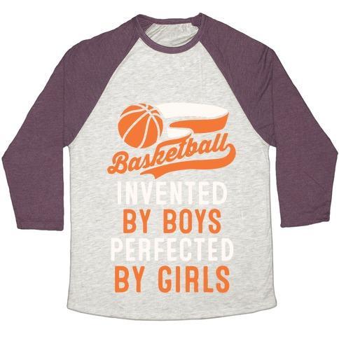 Virgin Teez  Baseball Tee Unisex Tri-Blend Baseball Tee / small / Oatmeal / Maroon BASKETBALL: INVENTED BY BOYS PERFECTED BY GIRLS UNISEX TRI-BLEND BASEBALL TEE