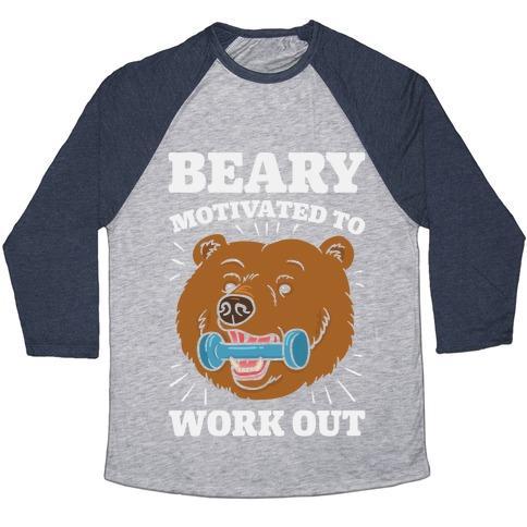 Virgin Teez  Baseball Tee Unisex Tri-Blend Baseball Tee / small / Athletic Gray / Navy BEARY MOTIVATED TO WORK OUT UNISEX TRI-BLEND BASEBALL TEE