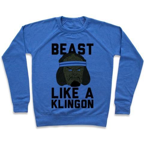 Virgin Teez  Pullover Crewneck Sweatshirt / x-small / Heathered Blue BEAST LIKE A KLINGON CREWNECK SWEATSHIRT