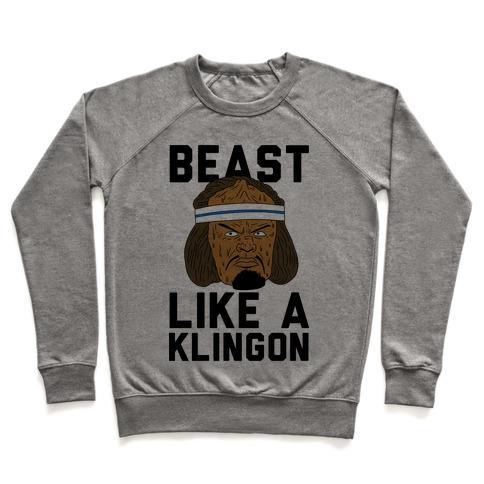 Virgin Teez  Pullover Crewneck Sweatshirt / x-small / Heathered Gray BEAST LIKE A KLINGON CREWNECK SWEATSHIRT