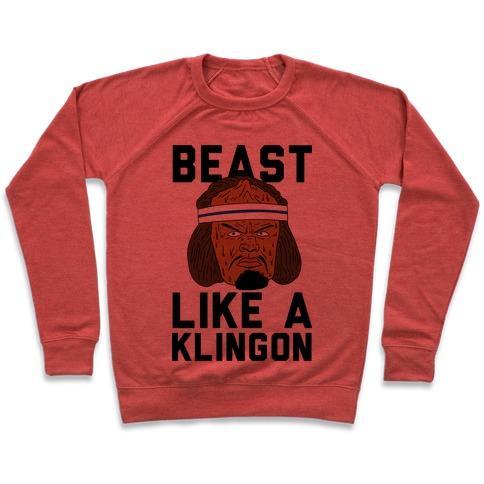 Virgin Teez  Pullover Crewneck Sweatshirt / x-small / Heathered Red BEAST LIKE A KLINGON CREWNECK SWEATSHIRT