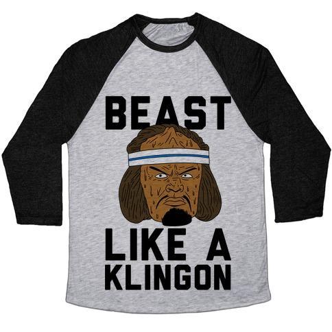 Virgin Teez  Baseball Tee Unisex Tri-Blend Baseball Tee / small / Athletic Gray / Black BEAST LIKE A KLINGON UNISEX TRI-BLEND BASEBALL TEE