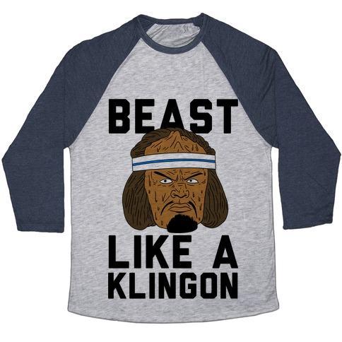 Virgin Teez  Baseball Tee Unisex Tri-Blend Baseball Tee / small / Athletic Gray / Navy BEAST LIKE A KLINGON UNISEX TRI-BLEND BASEBALL TEE