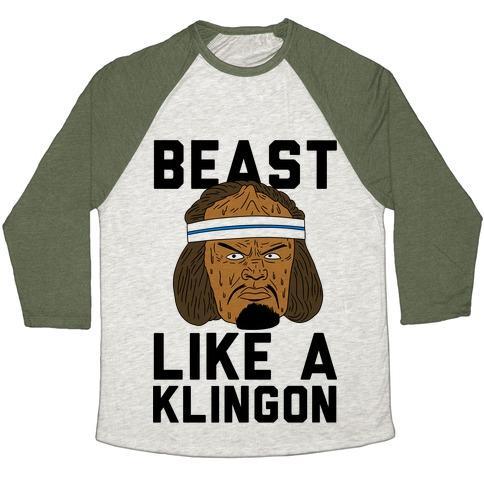 Virgin Teez  Baseball Tee Unisex Tri-Blend Baseball Tee / small / Oatmeal / Moss BEAST LIKE A KLINGON UNISEX TRI-BLEND BASEBALL TEE