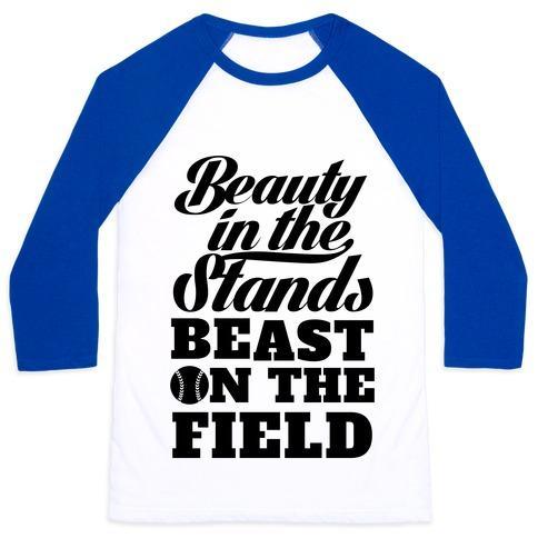 Virgin Teez  Baseball Tee Unisex Classic Baseball Tee / x-small / White/Blue BEAUTY IN THE STANDS BEAST ON THE FIELD (SOFTBALL) UNISEX CLASSIC BASEBALL TEE
